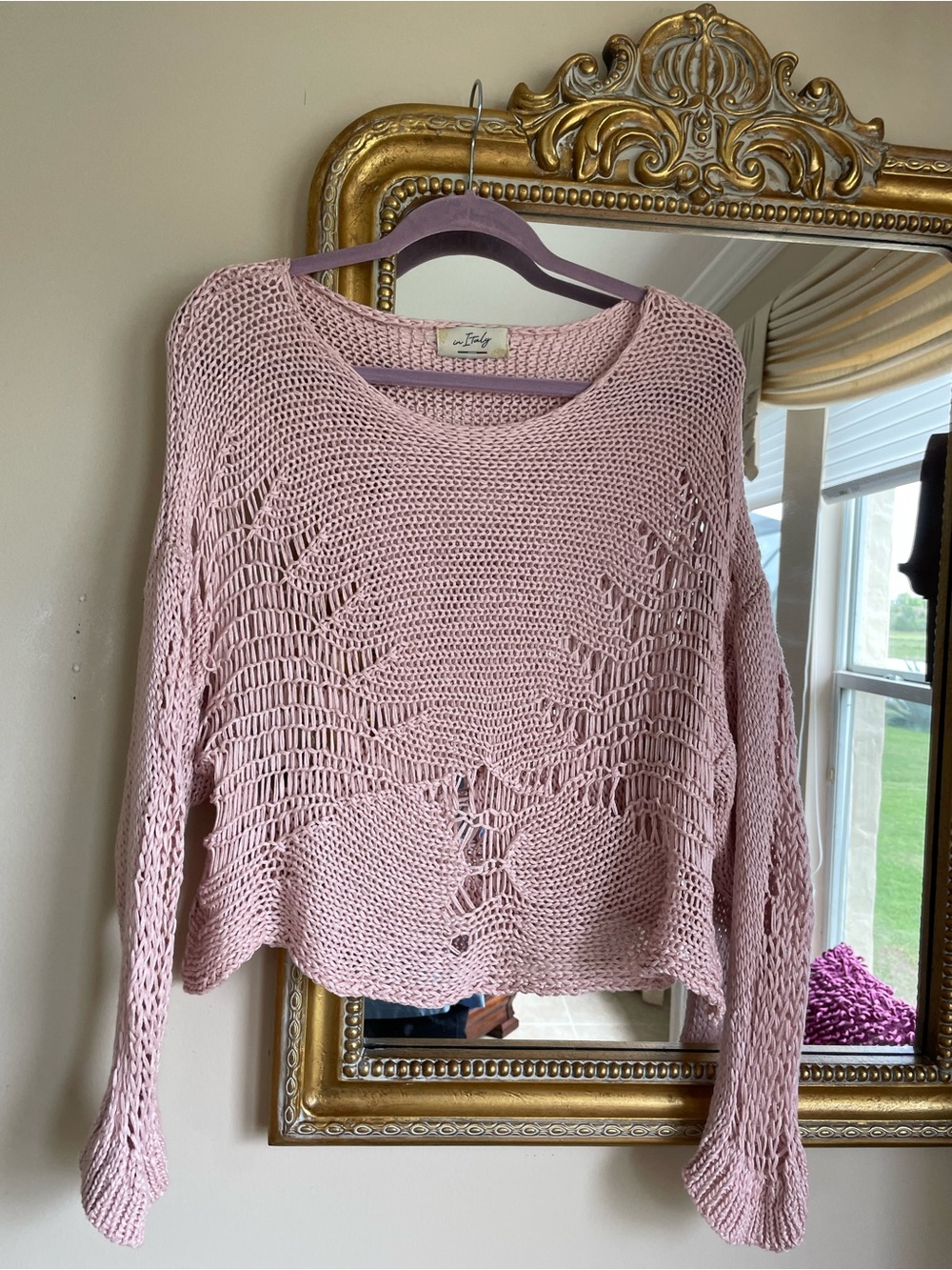 Whimsical Pink Open-Knit Cotton Loose Fit Made in Italy Sweater M/L